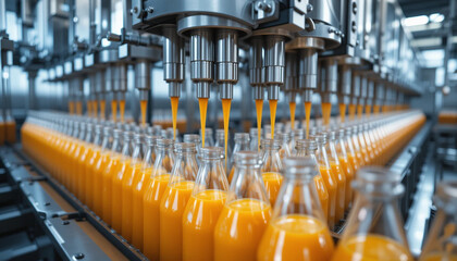 Modern beverage production line efficiently fills glass bottles with vibrant orange juice, showcasing advanced machinery and automation in factory setting