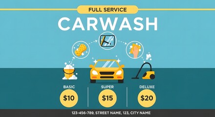 Full service car wash offering three affordable packages with pricing and icons