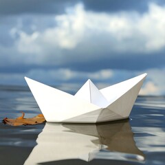 Paper boat on water, cloudy sky