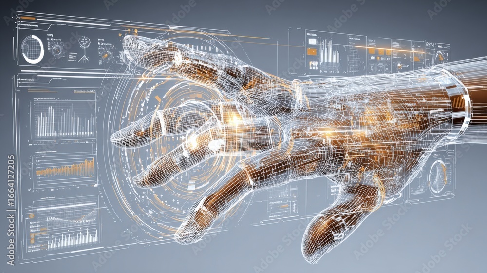 Poster futuristic holographic interface featuring augmented reality hand, displaying advanced technology an