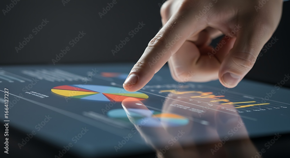 Poster a hand interacts with a digital tablet displaying colorful pie charts and graphs.