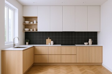 Modern Kitchen Interior Design with Wooden Cabinets, Black Tile Backsplash, White Countertops and Minimalist Décor