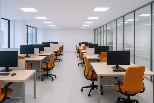 Modern Office Space with Desks, Chairs, and Computers Ready for Occupancy