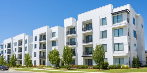 Modern white apartment buildings with balconies and green landscape under a clear sky, real estate concept