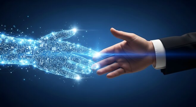 Human and ai handshake symbolizing future collaboration and innovation