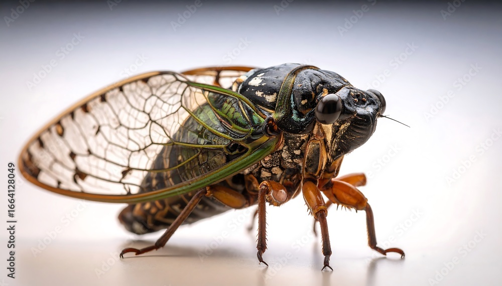 Poster detailed close-up of a cicada, showcasing intricate patterns and textures on its body and delicate w