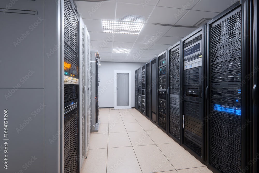 Poster data center server room with rows of rack mounted servers for cloud computing