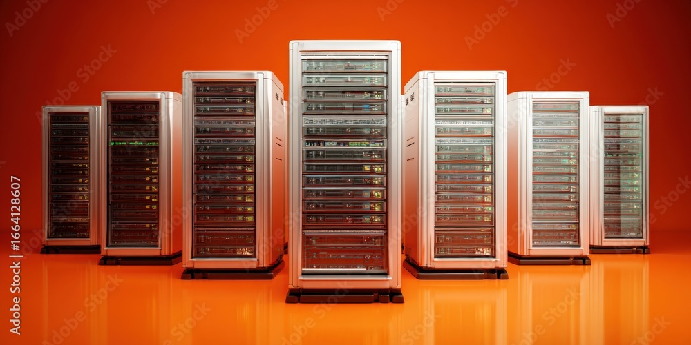 Poster data center servers on orange background, providing cloud services and computing for global network