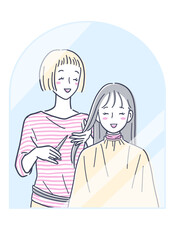 美容院で髪を切る女性のイラスト素材