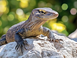 Obraz premium A monitor lizard basking on a sunlit rock, its sharp claws gripping the surface