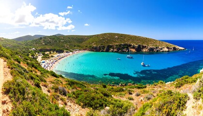 Fototapeta premium A tranquil, sunny beach cove is nestled within verdant hills, showcasing a crystal-clear turquoise sea and numerous leisure boats.