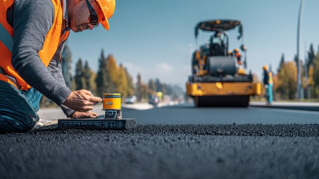 Road Construction Worker Inspecting Asphalt Level with Laser Leveling Tool and Steamroller in Background - Powered by Adobe
