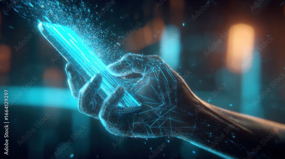 Poster digital hand holding glowing smartphone with abstract data stream, futuristic technology and connect