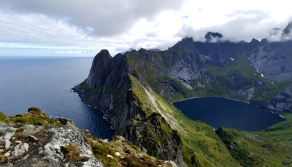 Dramatic mountain vista overlooking a serene lake nestled within a rugged fjord landscape.