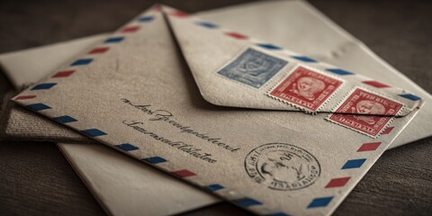 Vintage Airmail Envelopes with Stamps Stacked on Wooden Surface, Close-up Mail Art Design