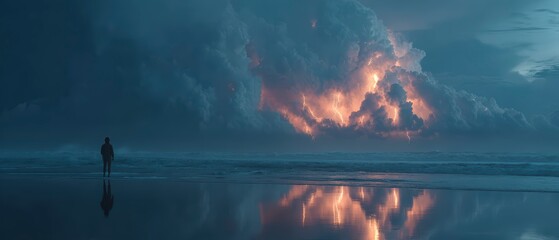 Fototapeta premium Solitary Figure on Beach with Dramatic Storm Clouds and Reflection