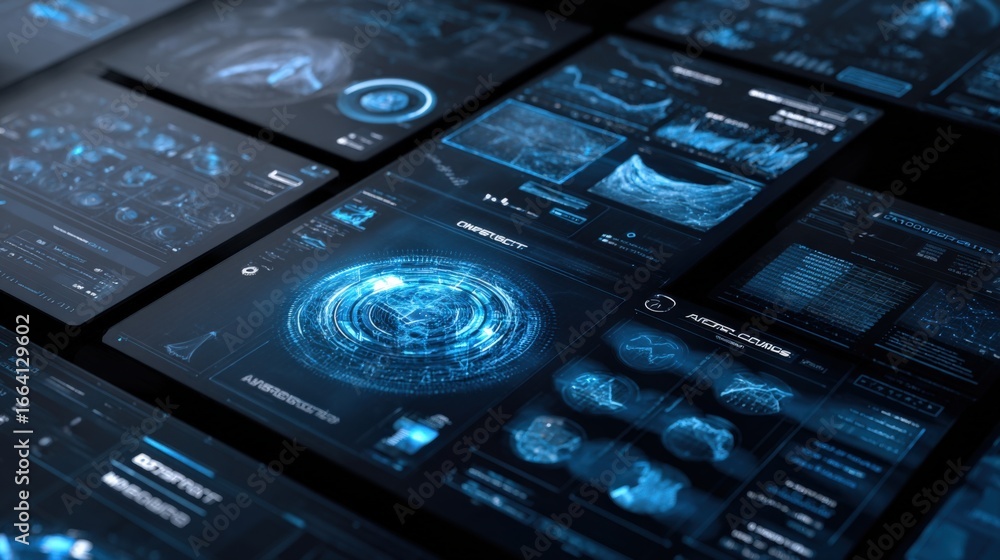 Poster futuristic medical scans and data displayed on multiple screens, representing technology and healthc