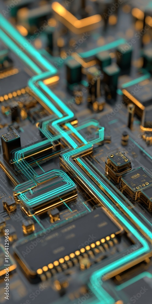 Poster advanced circuit board close-up with glowing traces for high-tech industry and future technologies