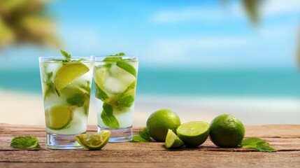 Refreshing Mojito Cocktails on Beachfront Wooden Table with Limes and Mint Against Clear Blue Sky