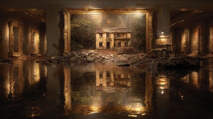 Abandoned Art Gallery with Water Reflection and Ruined Structure