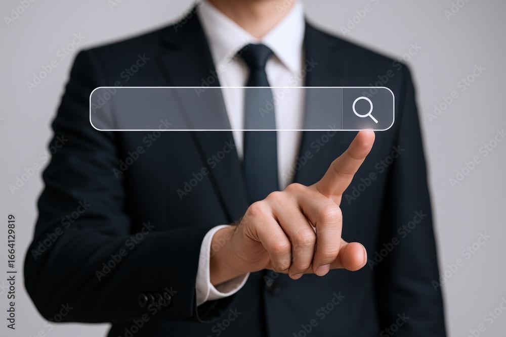 Poster man in suit interacting with search bar interface for digital business concept