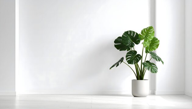 Indoor flower in a pot, avocado plant on the floor against the background of a white wall