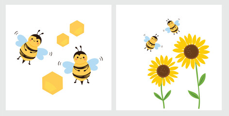 Bee cartoons, honey sign with hexagon grid cells and sunflower icons signs isolated on white background vector. 