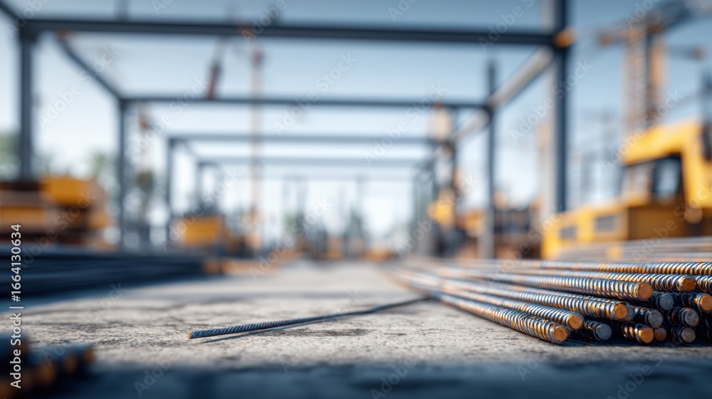 Poster rebar on a construction site with steel frames and machinery, emphasizing infrastructure development