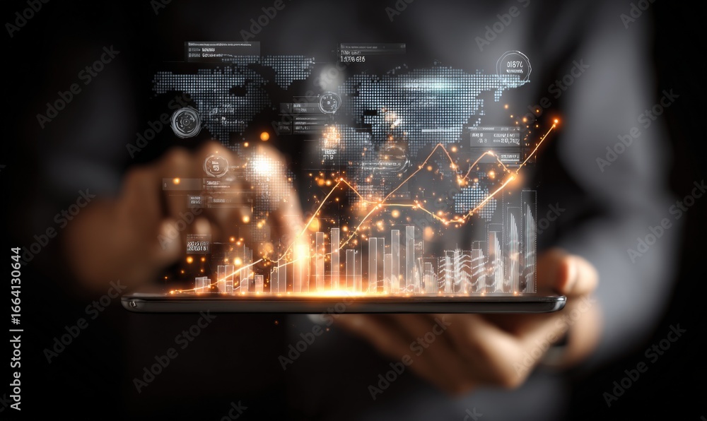 Poster interactive data visualization on tablet: financial growth analysis with global market insights and 