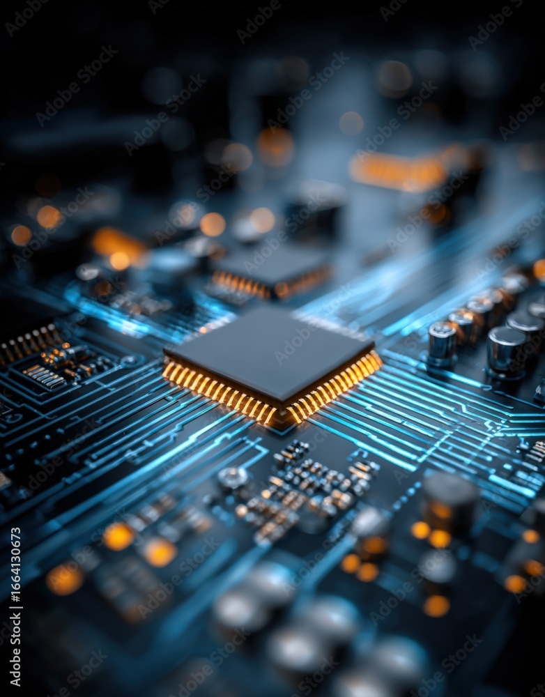 Poster high-tech motherboard circuitry: close-up of processor, system integration, semiconductor technology