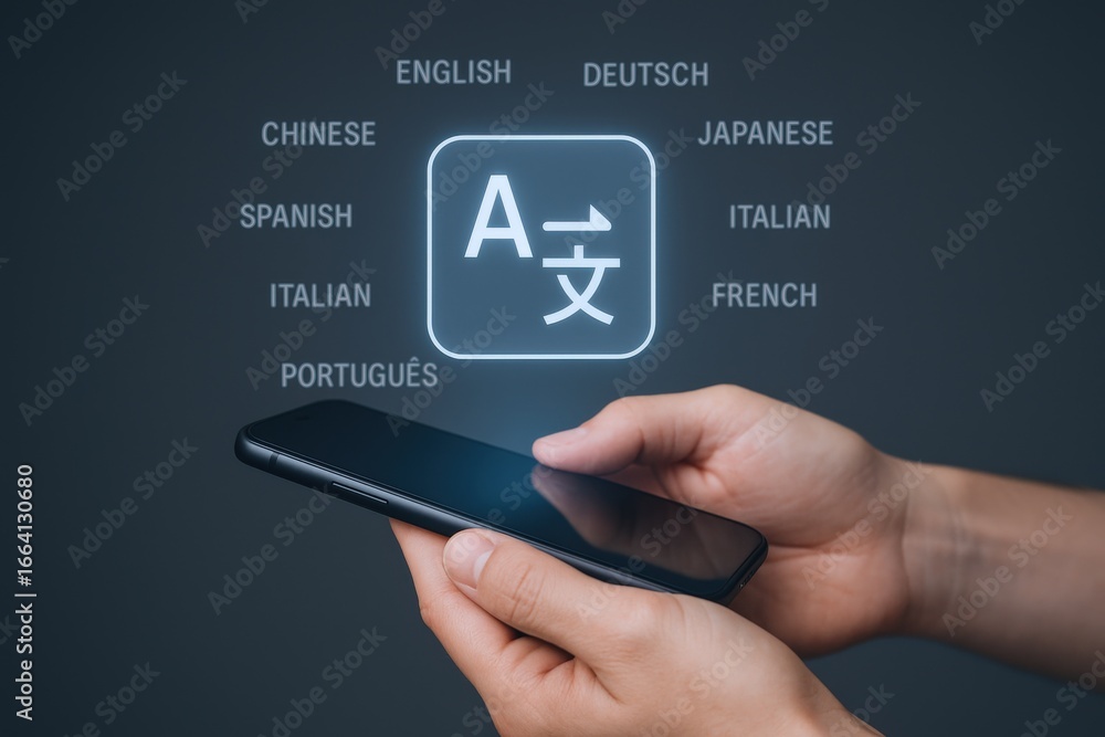 Poster mobile translation application concept: hands holding phone with multilingual interface for global c