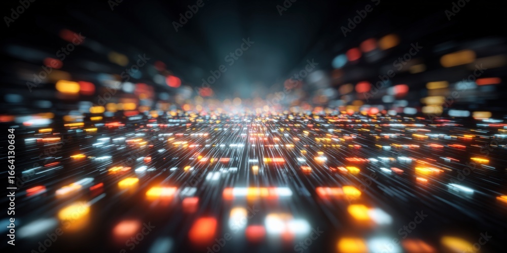 Poster abstract data stream visualization with glowing particles and dynamic light trails on dark backgroun