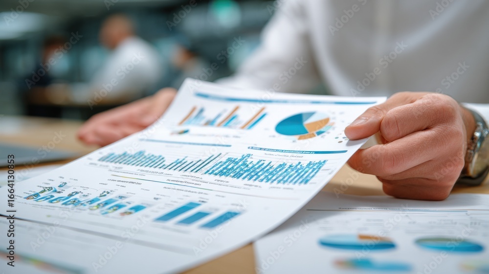 Poster analyzing business data: man holds financial charts and graphs for strategic decision-making and per