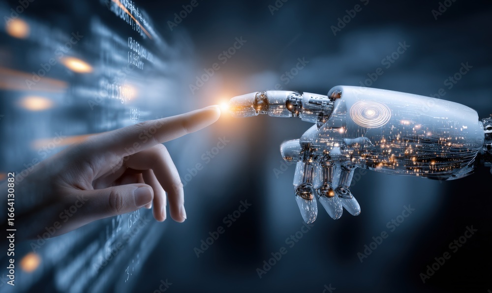 Poster human and robot hand touching with light effect, representing artificial intelligence and future tec
