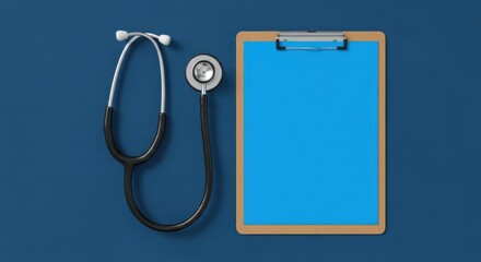A stethoscope rests beside a blank clipboard, symbolizing medical examinations and healthcare documentation on a blue background