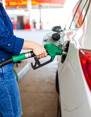 Woman fueling a white car at a gas station