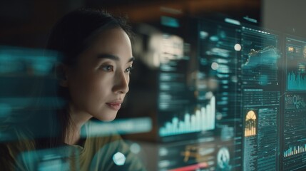 Focused Asian Woman Analyzing Financial Data and Stock Market Trends on Transparent Interface