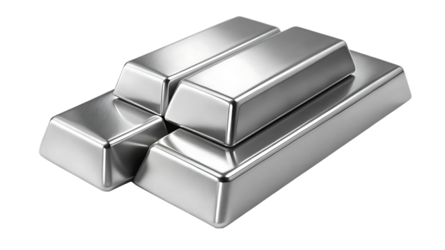 Group Of Polished Silver Bullion Bars On ingots precious metal isolated on a transparent background