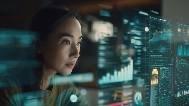 Focused Asian Woman Analyzing Financial Data and Stock Market Trends on Transparent Interface