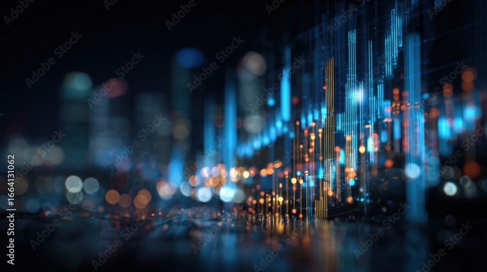 Poster abstract financial data visualization with bokeh lights against dark cityscape backdrop representing