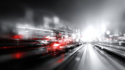 Monochrome Abstract Cityscape with Motion Blur and Red Accents, Capturing Urban Dynamism and Technological Advancement