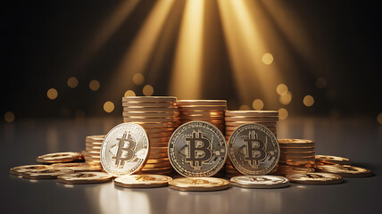 Stacked golden Bitcoin coins illuminated by golden light beams cryptocurrency finance
