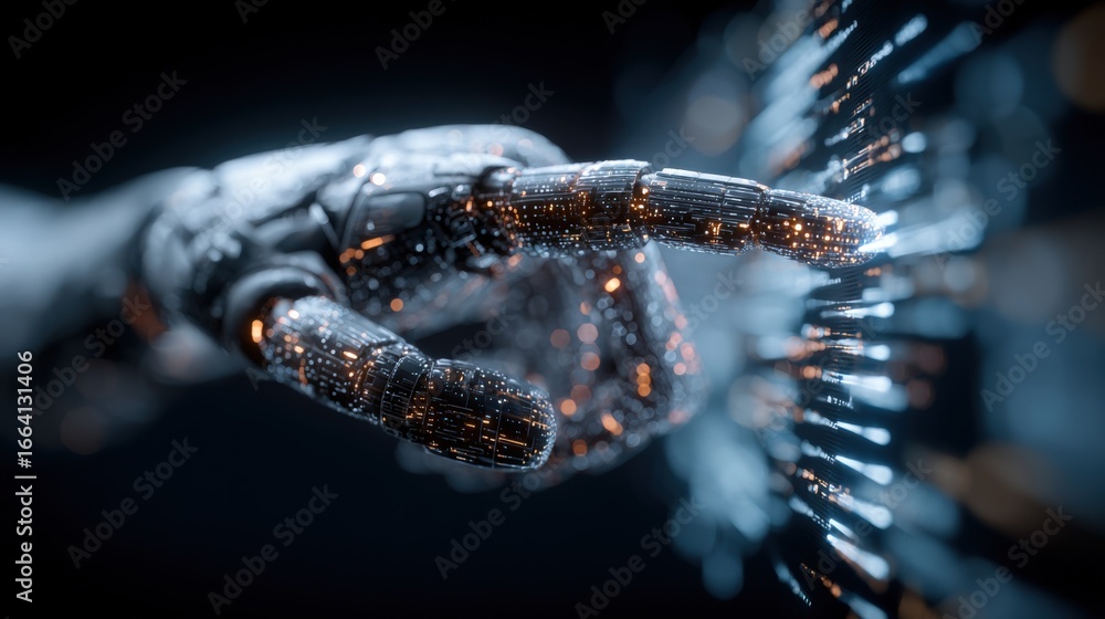 Poster robotic hand interacting with digital data stream, representing artificial intelligence and future t