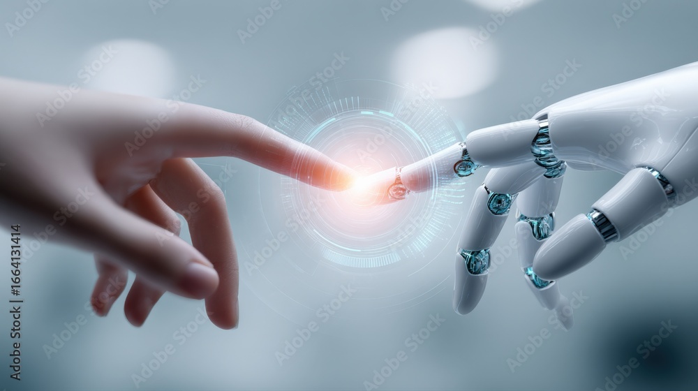 Poster Human and Robot Hand Touching with Futuristic Technology Interface for AI and Connection