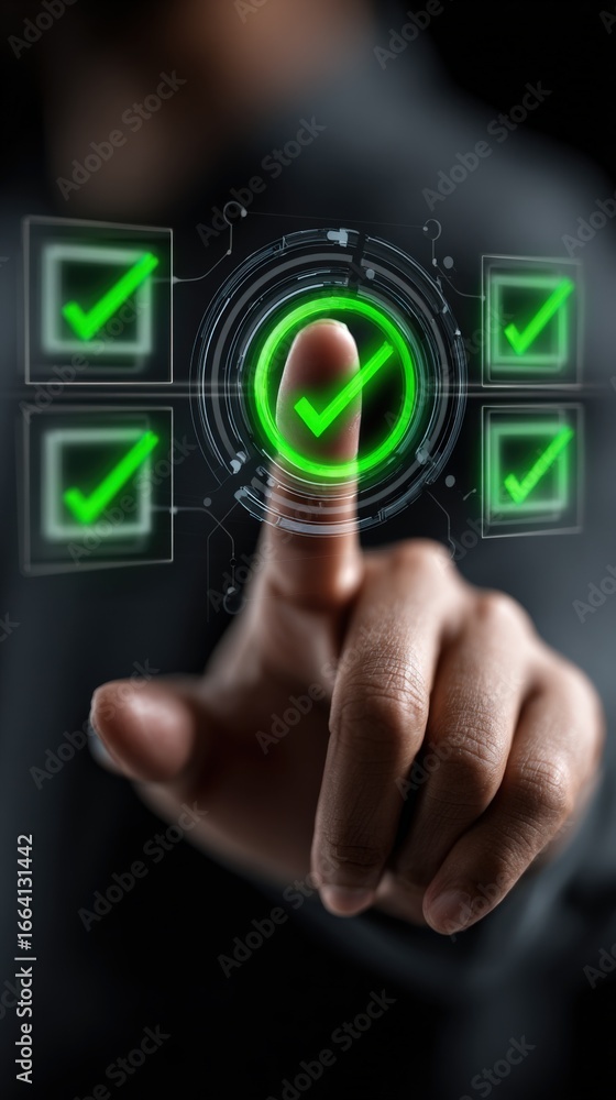 Poster digital checklist interface: man interacting with virtual checkmarks representing task completion an
