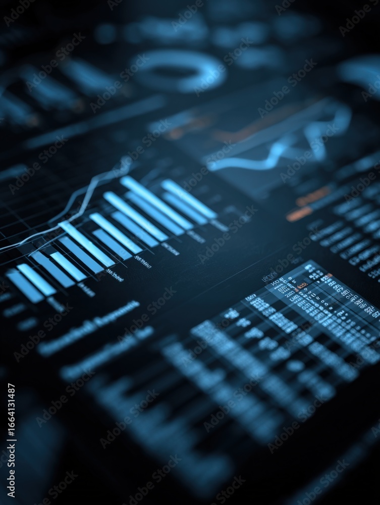 Aufkleber data visualization dashboard with bar graphs and lines showing market trends and analytics