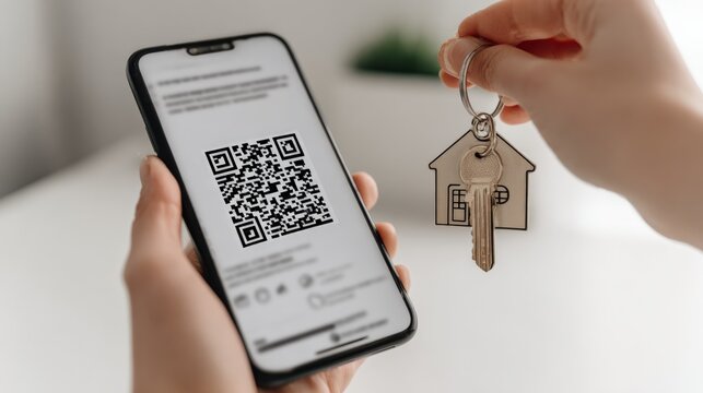 Scanning QR code on smartphone for property access with house keys in hand, providing seamless entry. - Powered by Adobe