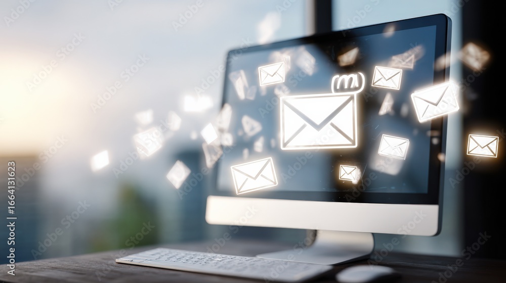 Aufkleber email marketing campaign visualization: computer screen displaying incoming messages and communicati
