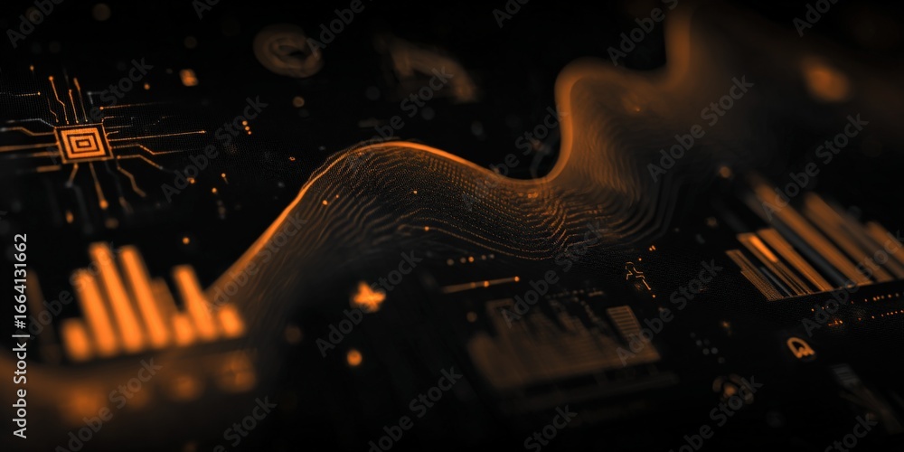 Poster futuristic technology interface with circuitry, data visualization, and neural network connections f