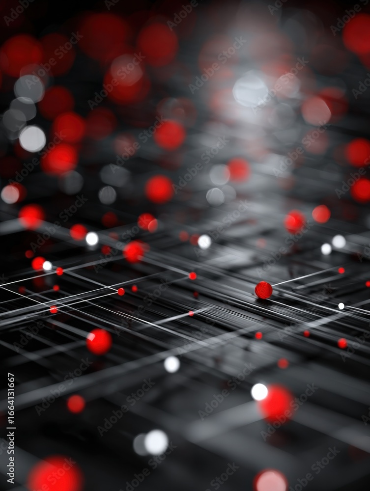 Poster abstract network of red and white spheres connected by lines, data visualization concept